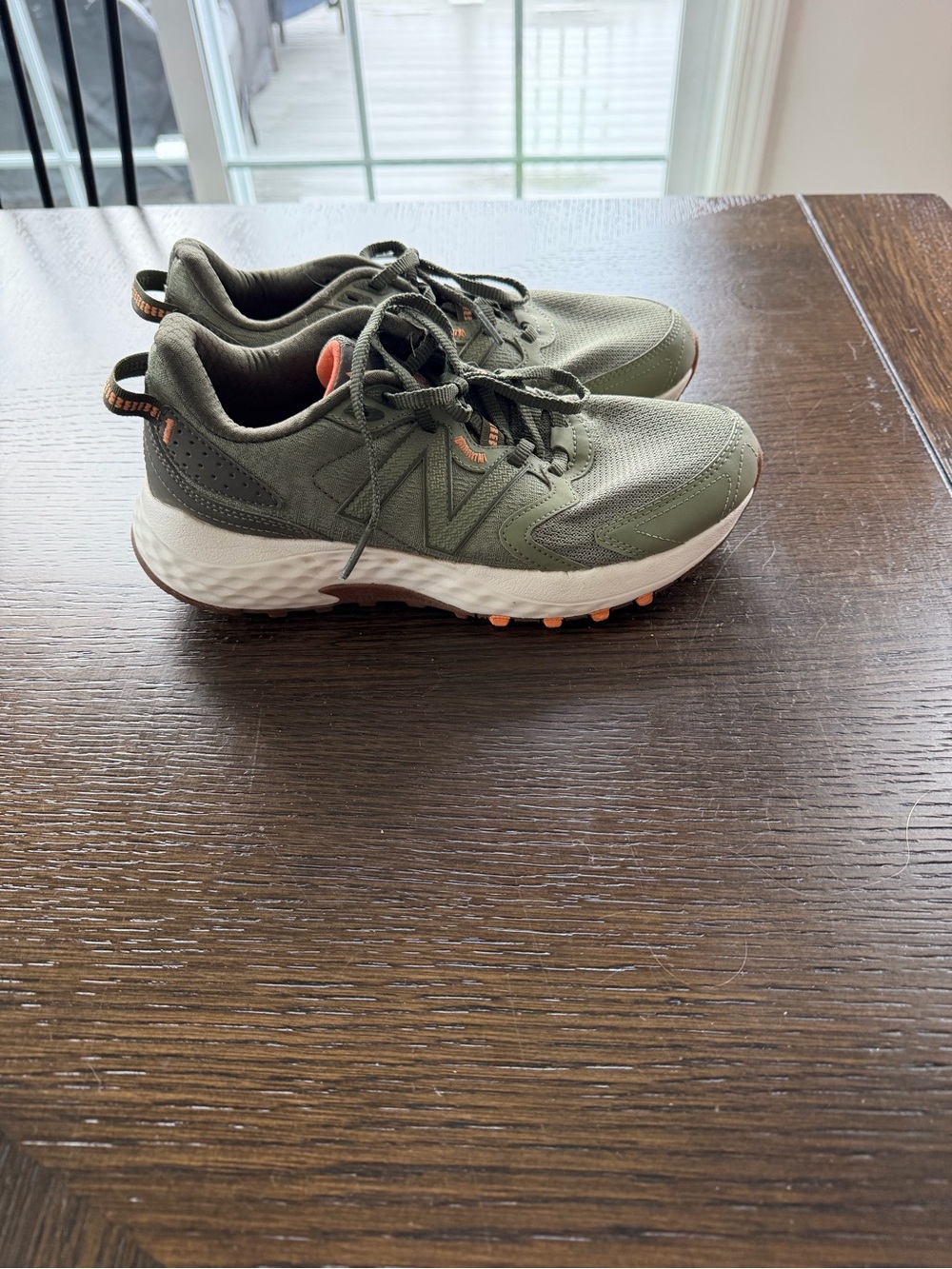 New Balance Olive Green and White Sneakers with Orange Accents